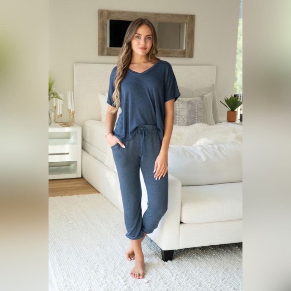 (5364-5331-NVY) COMFY 2PC SOFT KNIT TOP AND PANTS SET
